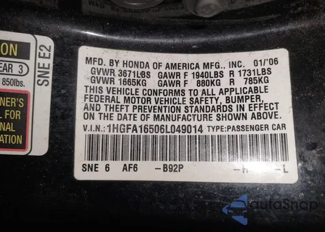 2006 Honda Civic Lx z USA, uszkodzony, nr VIN 1HGFA16506L049014